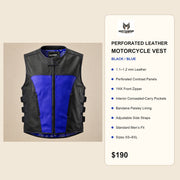 Men's Black & Blue Perforated Leather Motorcycle Vest - motogrip mens black blue perforated leather motorcycle vest infograph
