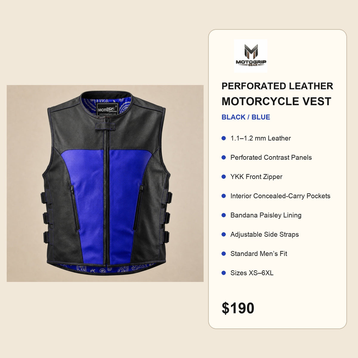 Men's Black & Blue Perforated Leather Motorcycle Vest - motogrip mens black blue perforated leather motorcycle vest infograph