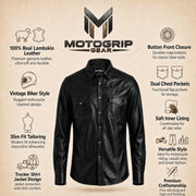 Men's Black Lambskin Leather Biker Shirt - motogrip mens black lambskin leather shirt infographic view by MOTOGRIP GEAR