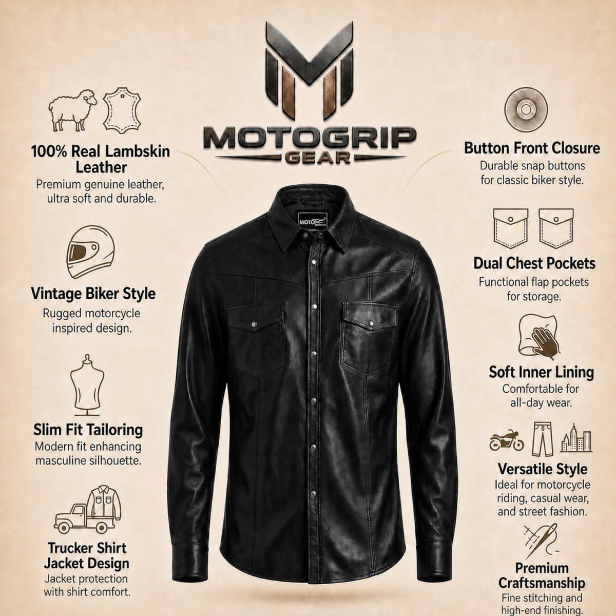 Men's Black Lambskin Leather Biker Shirt - motogrip mens black lambskin leather shirt infographic view by MOTOGRIP GEAR