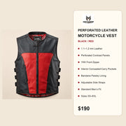 Men's Black & Red Perforated Leather Motorcycle Vest - motogrip mens black red perforated leather motorcycle vest infographic
