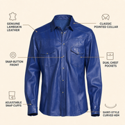 Men's Blue Lambskin Leather Biker Shirt - motogrip mens blue lambskin leather shirt infographic view by MOTOGRIP GEAR