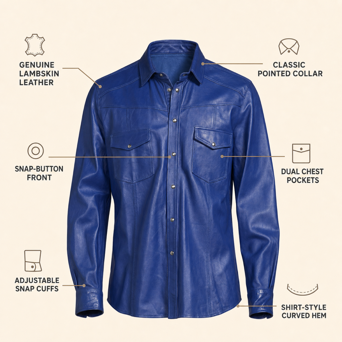 Men's Blue Lambskin Leather Biker Shirt - motogrip mens blue lambskin leather shirt infographic view by MOTOGRIP GEAR
