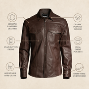 Men's Brown Lambskin Leather Biker Shirt - motogrip mens brown lambskin leather shirt infographic view by MOTOGRIP GEAR