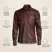 Men's Burgundy Lambskin Leather Biker Shirt - motogrip mens burgundy lambskin leather shirt infographic view by MOTOGRIP GEAR