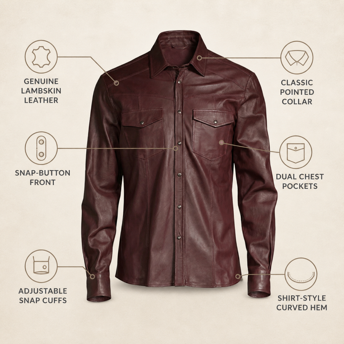 Men's Burgundy Lambskin Leather Biker Shirt - motogrip mens burgundy lambskin leather shirt infographic view by MOTOGRIP GEAR