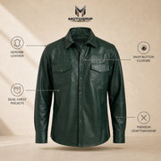 Men's Forest Green Lambskin Leather Shirt - motogrip mens forest green lambskin leather shirt infographic view by MOTOGRIP GE