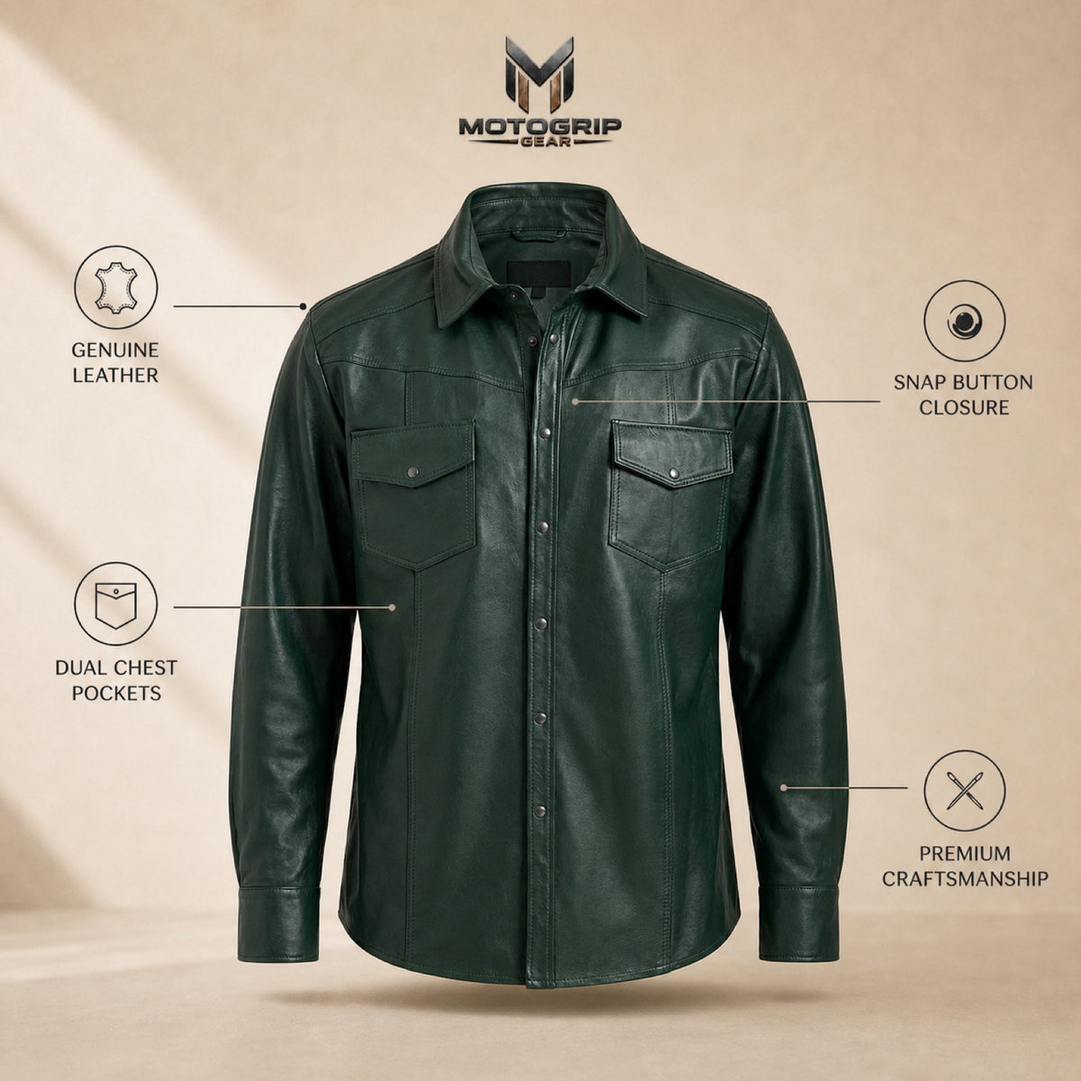 Men's Forest Green Lambskin Leather Shirt - motogrip mens forest green lambskin leather shirt infographic view by MOTOGRIP GE