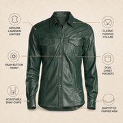 Men's Green Lambskin Leather Biker Shirt - motogrip mens green lambskin leather shirt infographic view by MOTOGRIP GEAR