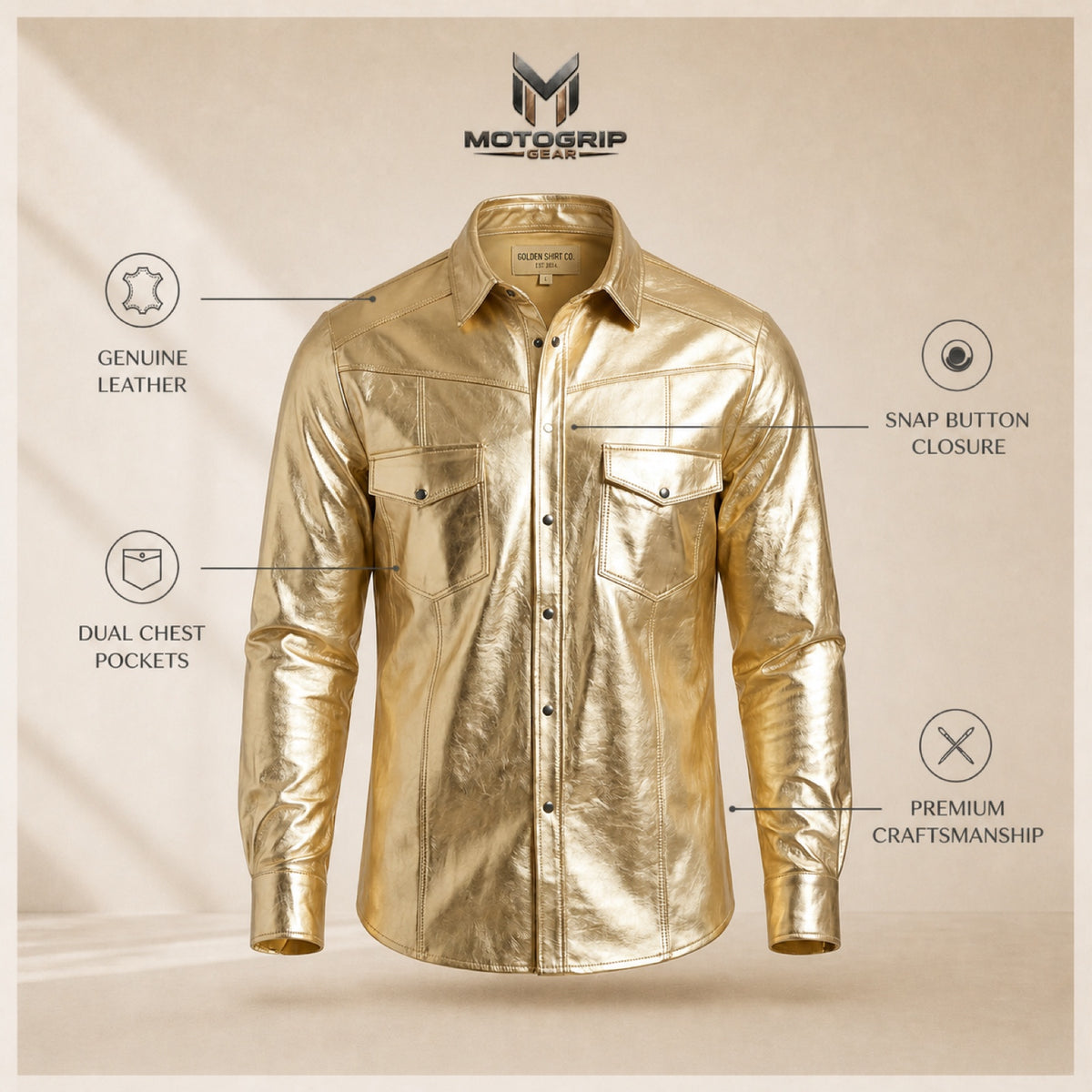 Men's Metallic Gold Lambskin Leather Shirt - motogrip mens metallic gold lambskin leather shirt infographic view by MOTOGRIP