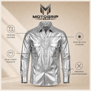Men's Metallic Silver Lambskin Leather Shirt - motogrip mens metallic silver lambskin leather shirt infographic view by MOTOG