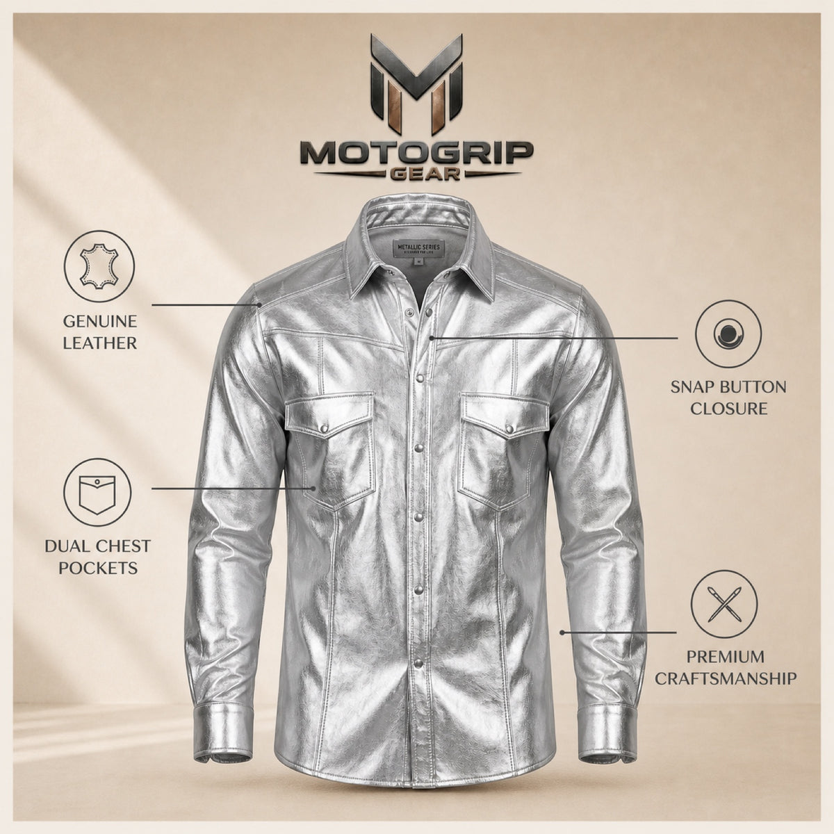 Men's Metallic Silver Lambskin Leather Shirt - motogrip mens metallic silver lambskin leather shirt infographic view by MOTOG