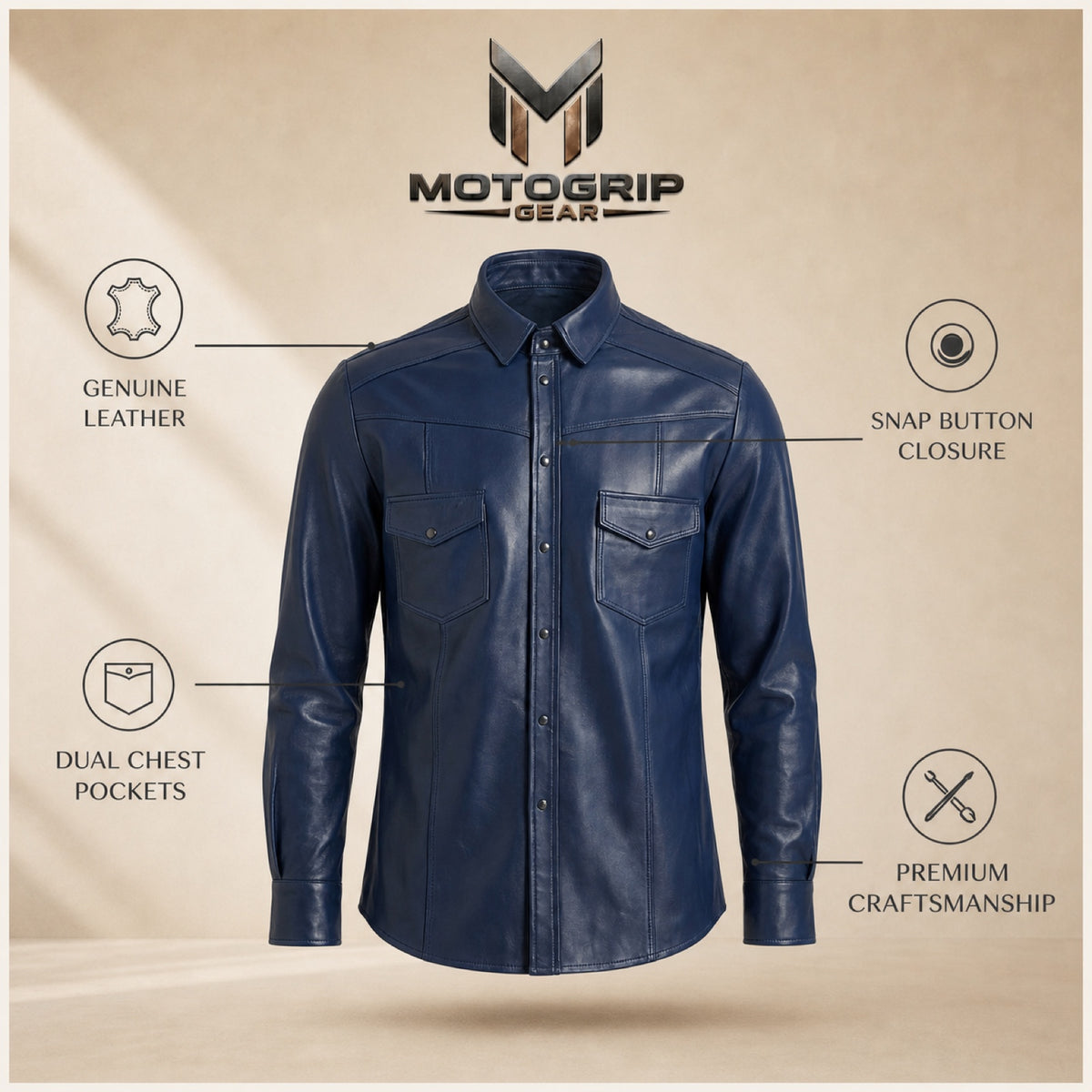 Men's Navy Lambskin Leather Shirt - motogrip mens navy lambskin leather shirt infographic view by MOTOGRIP GEAR