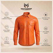 Men's Orange Lambskin Leather Shirt - motogrip mens orange lambskin leather shirt infographic view by MOTOGRIP GEAR