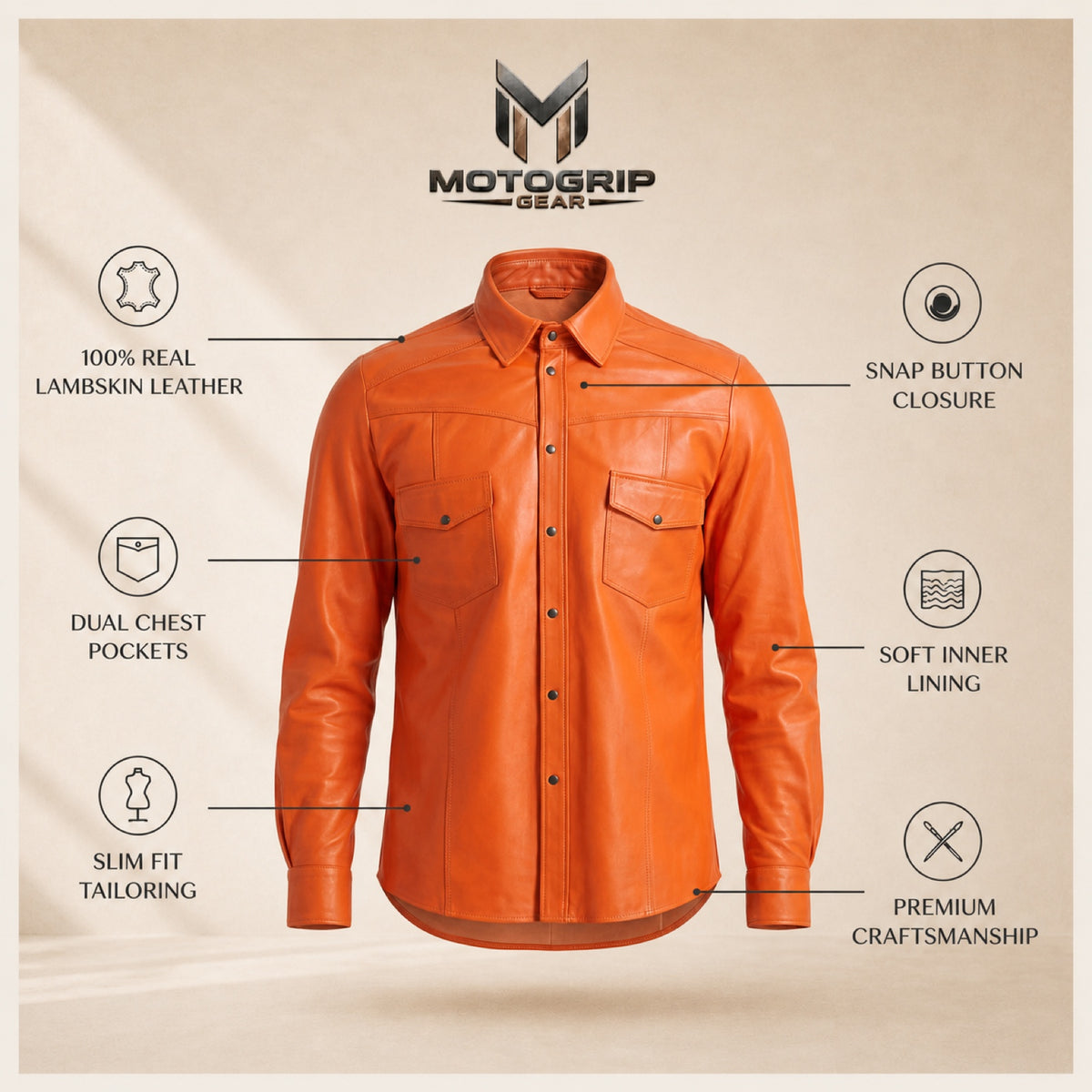 Men's Orange Lambskin Leather Shirt - motogrip mens orange lambskin leather shirt infographic view by MOTOGRIP GEAR