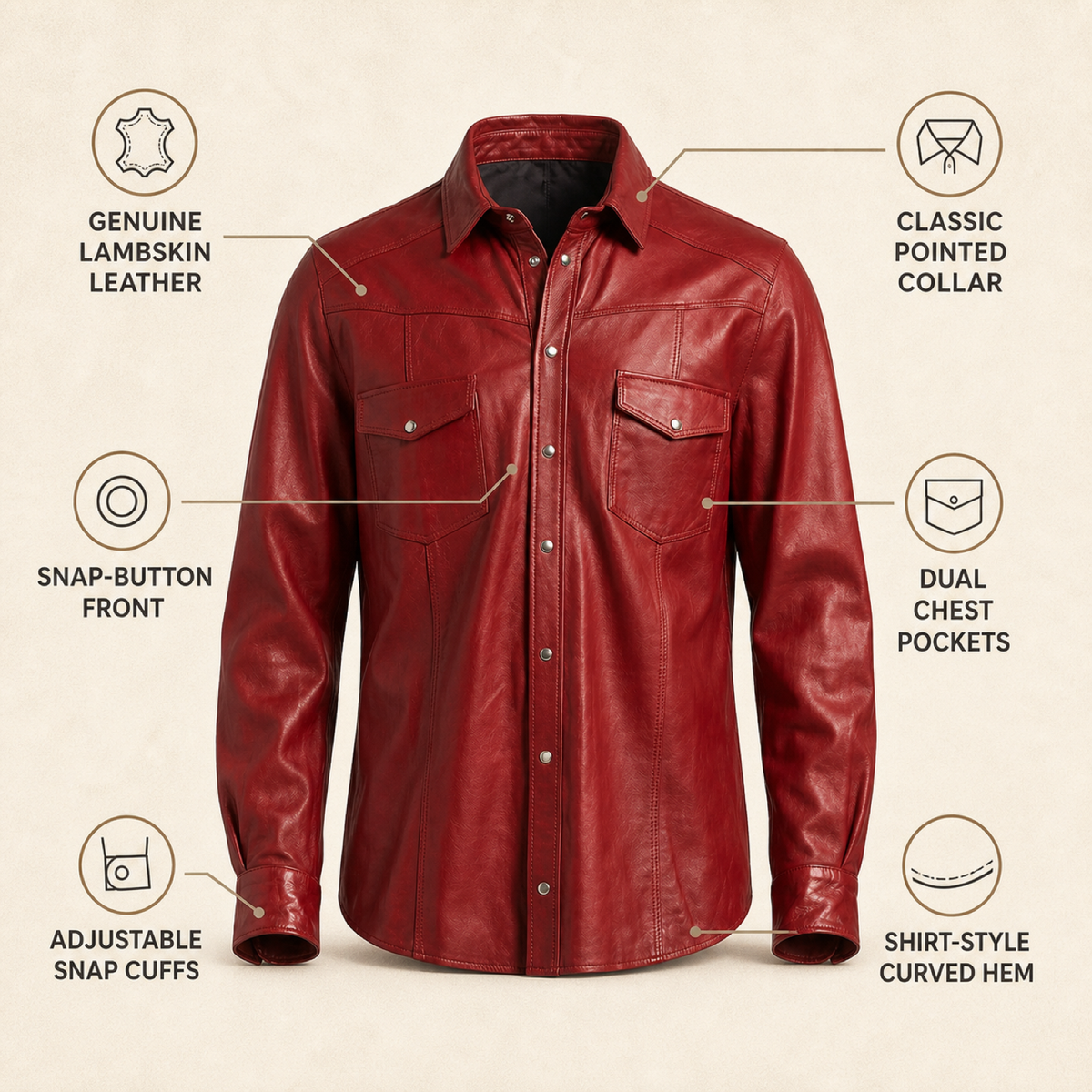 Men's Red Lambskin Leather Biker Shirt - motogrip mens red lambskin leather shirt infographic view by MOTOGRIP GEAR