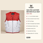 Men's White & Red Quilted Cowhide Leather Motorcycle Vest - motogrip mens red white quilted swat leather vest infographic vie