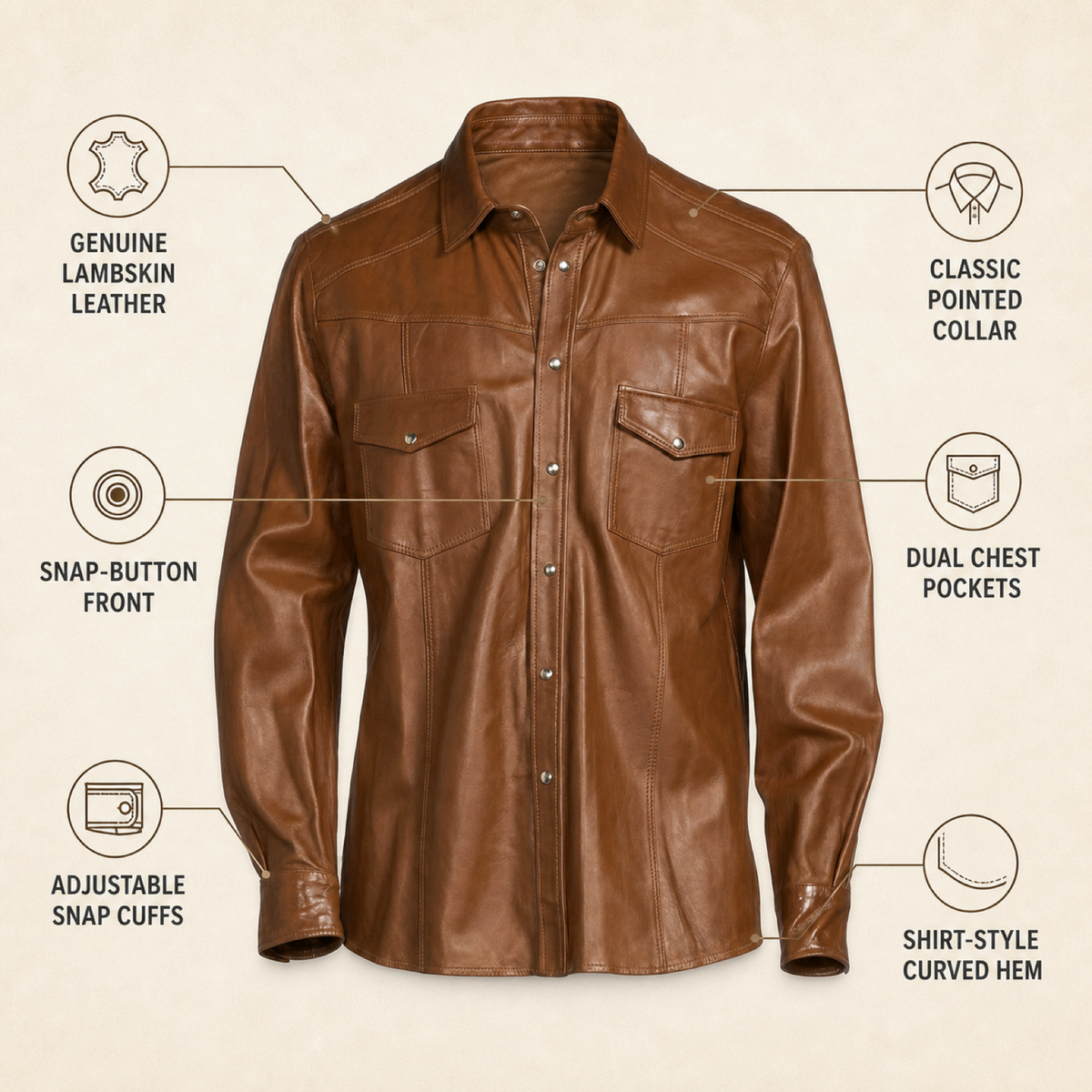 Men's Tan Lambskin Leather Biker Shirt - motogrip mens tan lambskin leather shirt infographic view by MOTOGRIP GEAR