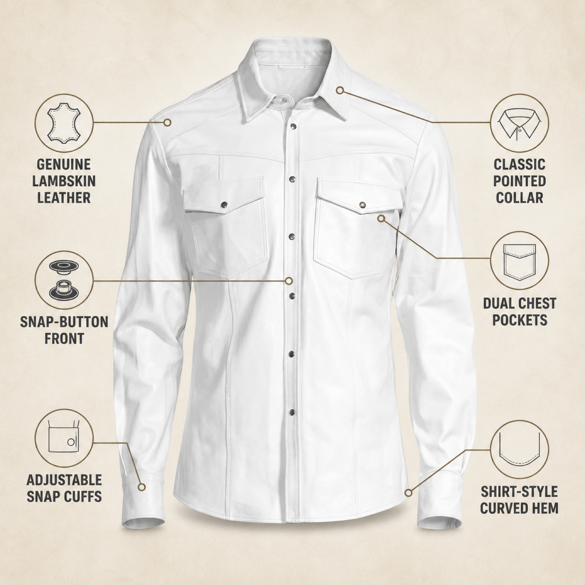 Men's White Lambskin Leather Biker Shirt - motogrip mens white lambskin leather shirt infographic view by MOTOGRIP GEAR