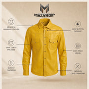 Men's Yellow Lambskin Leather Shirt - motogrip mens yellow lambskin leather shirt infographic view by MOTOGRIP GEAR