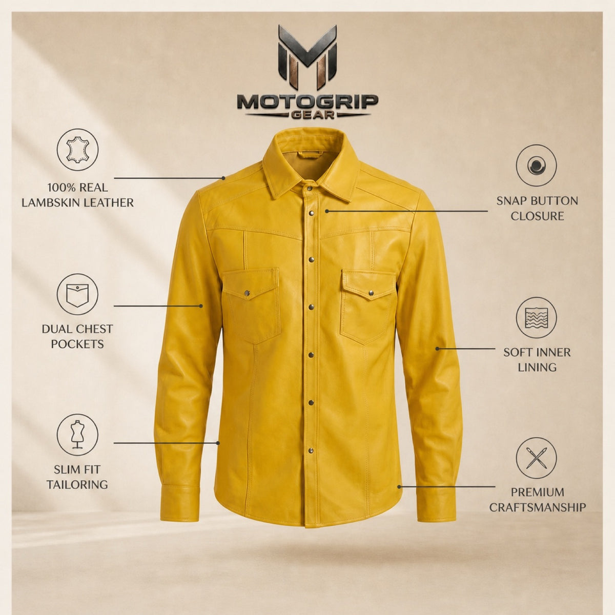 Men's Yellow Lambskin Leather Shirt - motogrip mens yellow lambskin leather shirt infographic view by MOTOGRIP GEAR