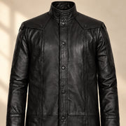 Close view of black Napa leather stand collar and plain black snaps