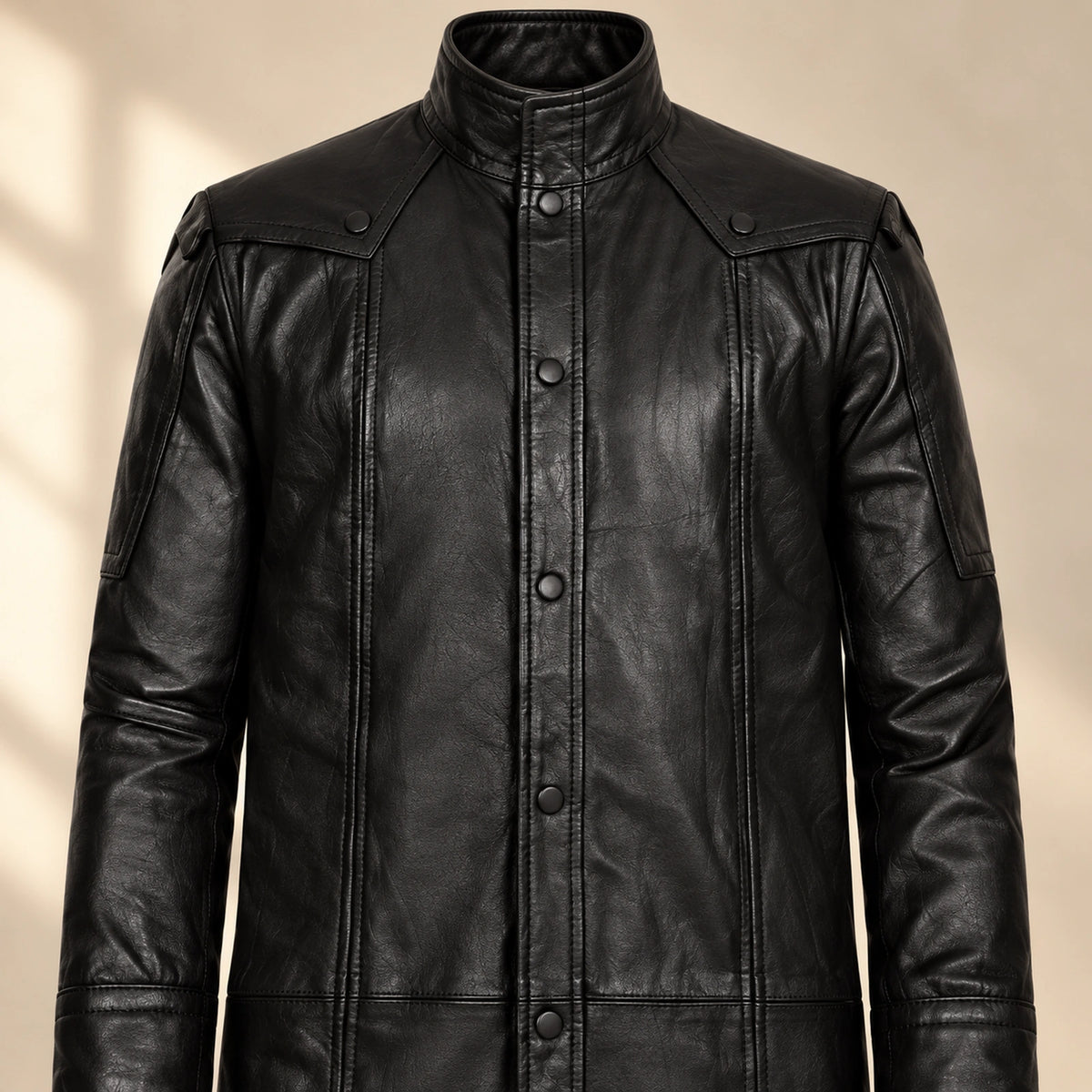Close view of black Napa leather stand collar and plain black snaps