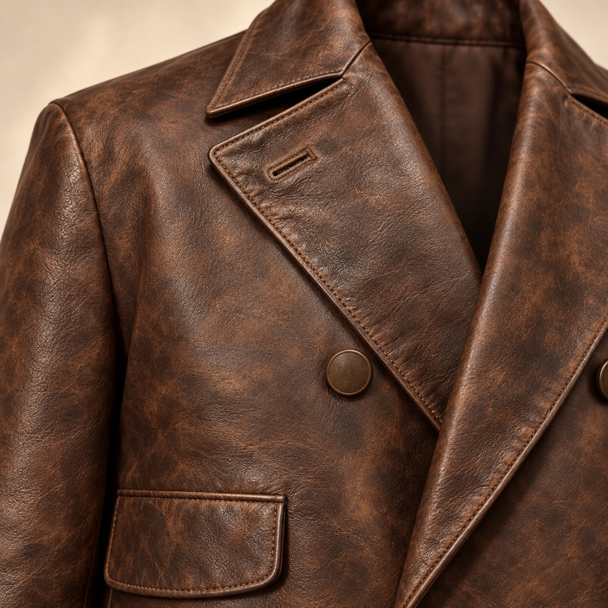 Close view of burnished Napa leather, wide lapel and unbranded button