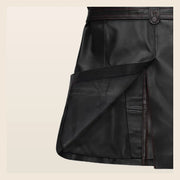 MOTOGRIP Redmere men's Black Quilted Sheepskin Leather Trench Coat, close-up of the back hem and vent.