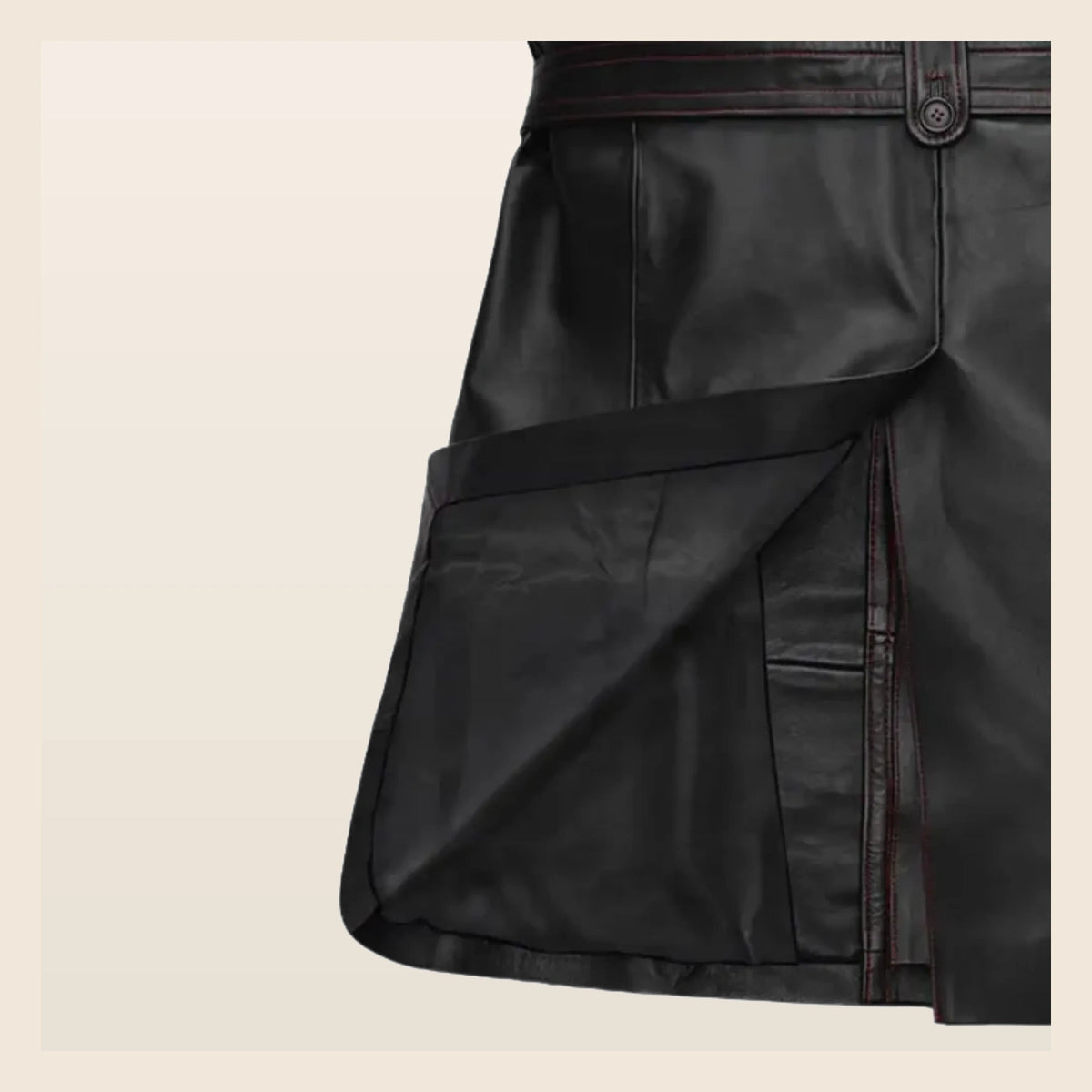 MOTOGRIP Redmere men's Black Quilted Sheepskin Leather Trench Coat, close-up of the back hem and vent.