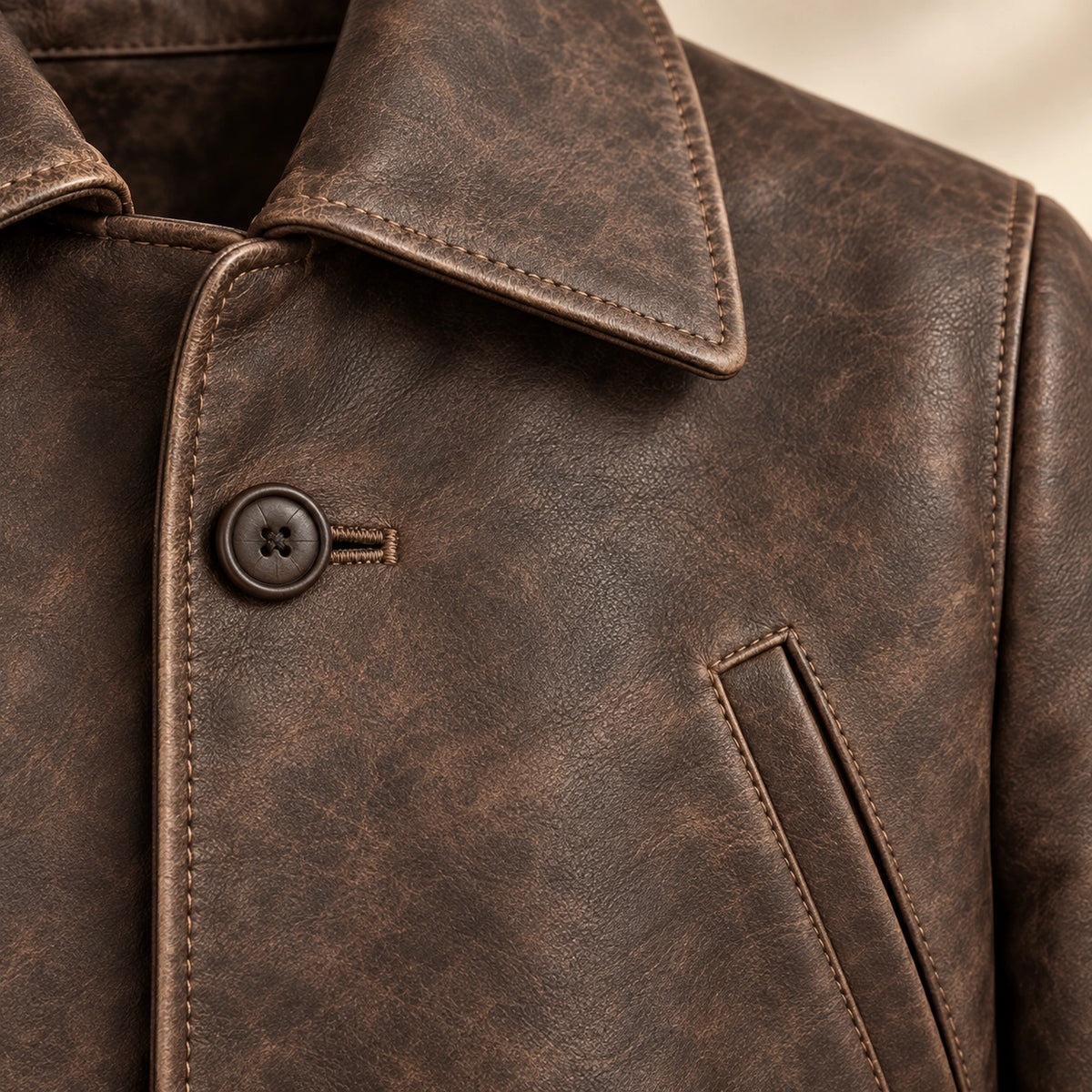 Close view of distressed brown Napa leather, collar and leather-covered button