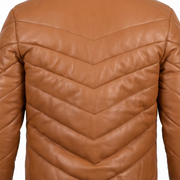 Men's Tan Brown Chevron Quilted Sheepskin Leather Puffer Jacket - quilting detail view by MOTOGRIP GEAR