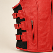 Men's Red SWAT Cowhide Leather Motorcycle Vest - red swat leather vest side straps view by MOTOGRIP GEAR