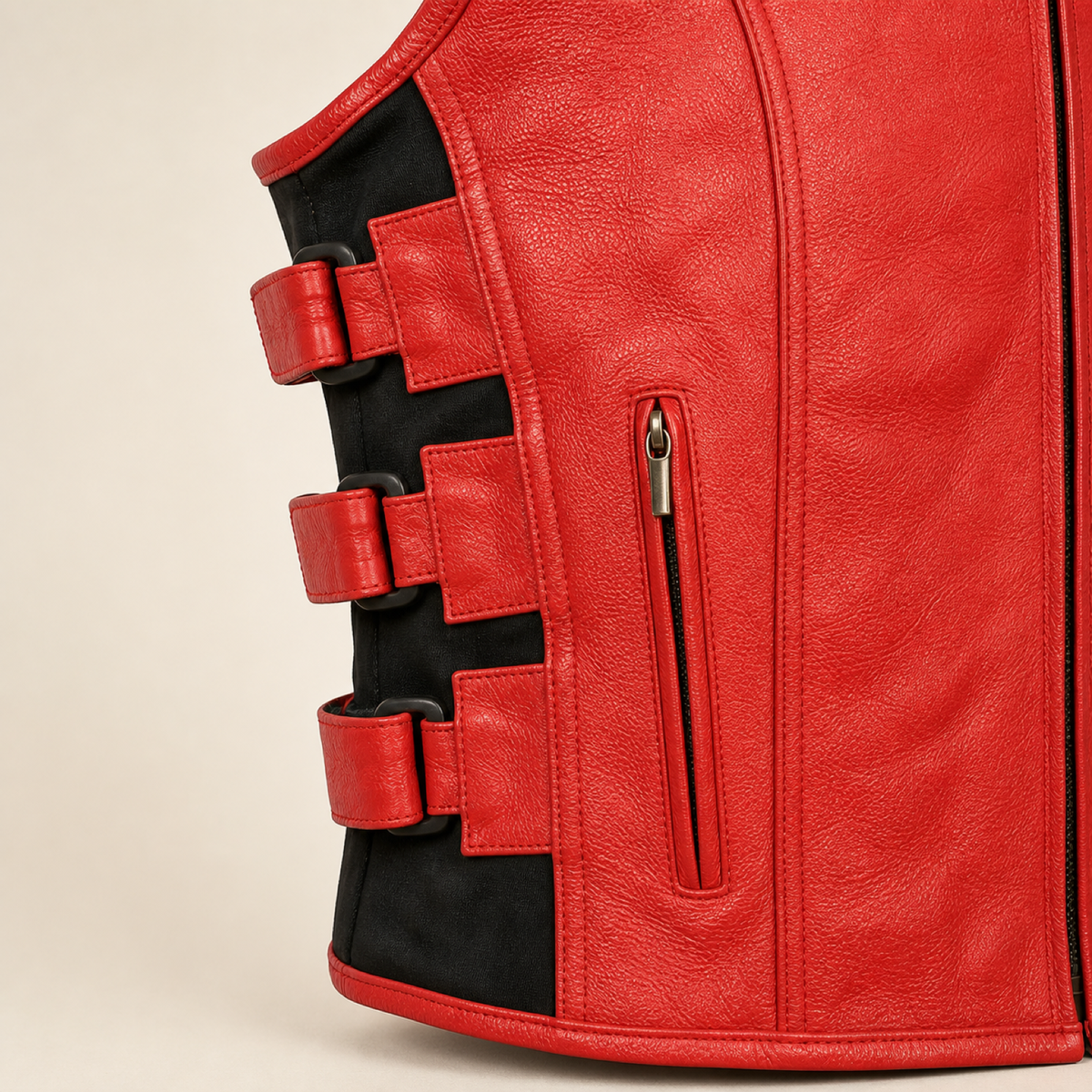 Men's Red SWAT Cowhide Leather Motorcycle Vest - red swat leather vest side straps view by MOTOGRIP GEAR