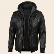 Men's Black and Charcoal-Grey Removable-Hood Lambskin Bomber Jacket - side angle view by MOTOGRIP GEAR