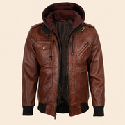 Men's Cognac Brown Removable-Hood Lambskin Leather Bomber Jacket - side angle view by MOTOGRIP GEAR