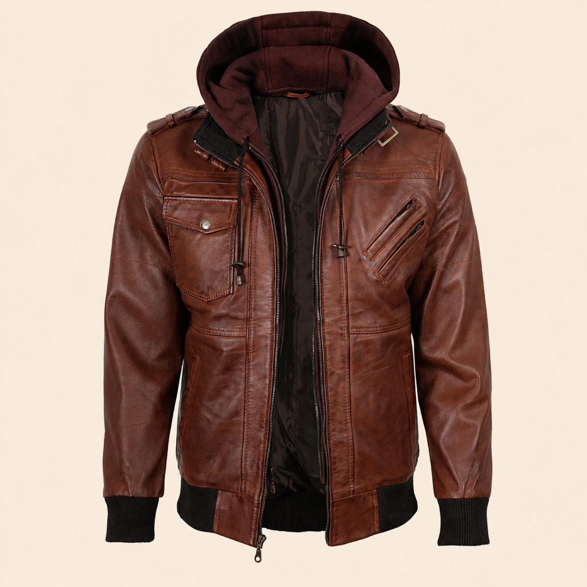 Men's Cognac Brown Removable-Hood Lambskin Leather Bomber Jacket - side angle view by MOTOGRIP GEAR
