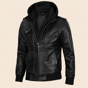 Men's Black Removable-Hood Lambskin Leather Jacket - side angle view by MOTOGRIP GEAR