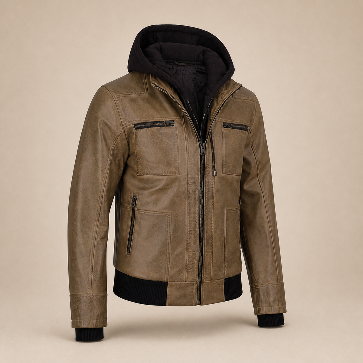 Men's Camel Wax Removable-Hood Lambskin Leather Bomber Jacket - side angle view by MOTOGRIP GEAR