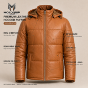 Men's Semi-Aniline Sheepskin Leather Hooded Puffer Jacket - tan infographic view by MOTOGRIP GEAR