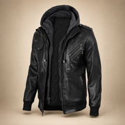Men's Black Lambskin Leather Bomber Jacket With Removable Grey Hood - three quarter angle view by MOTOGRIP GEAR