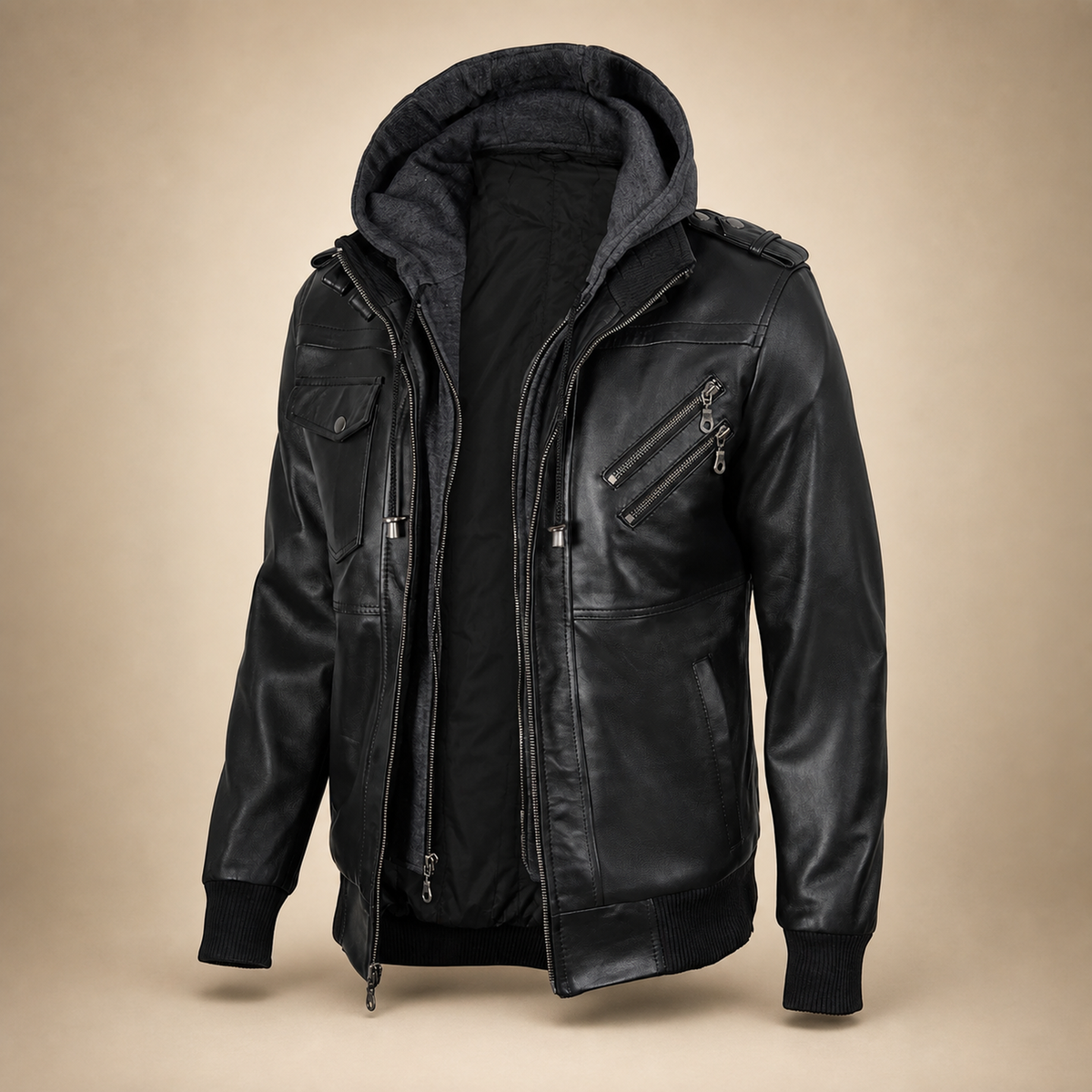 Men's Black Lambskin Leather Bomber Jacket With Removable Grey Hood - three quarter angle view by MOTOGRIP GEAR