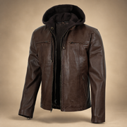 Men's Dark Brown Hand-Waxed Lambskin Hooded Leather Jacket - three quarter angle view by MOTOGRIP GEAR