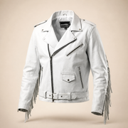 Men's White Fringe Cowhide Leather Biker Jacket - white fringe leather biker jacket side angle view by MOTOGRIP GEAR