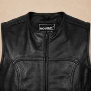 Men's Black SWAT Cowhide Leather Motorcycle Vest - black swat leather vest collar detail view by MOTOGRIP GEAR