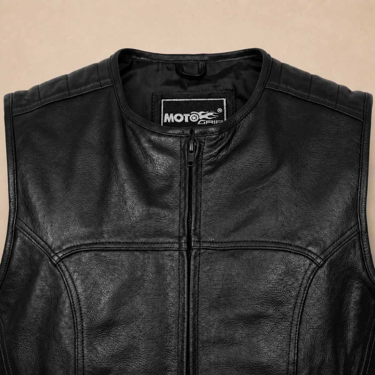 Men's Black SWAT Cowhide Leather Motorcycle Vest - black swat leather vest collar detail view by MOTOGRIP GEAR