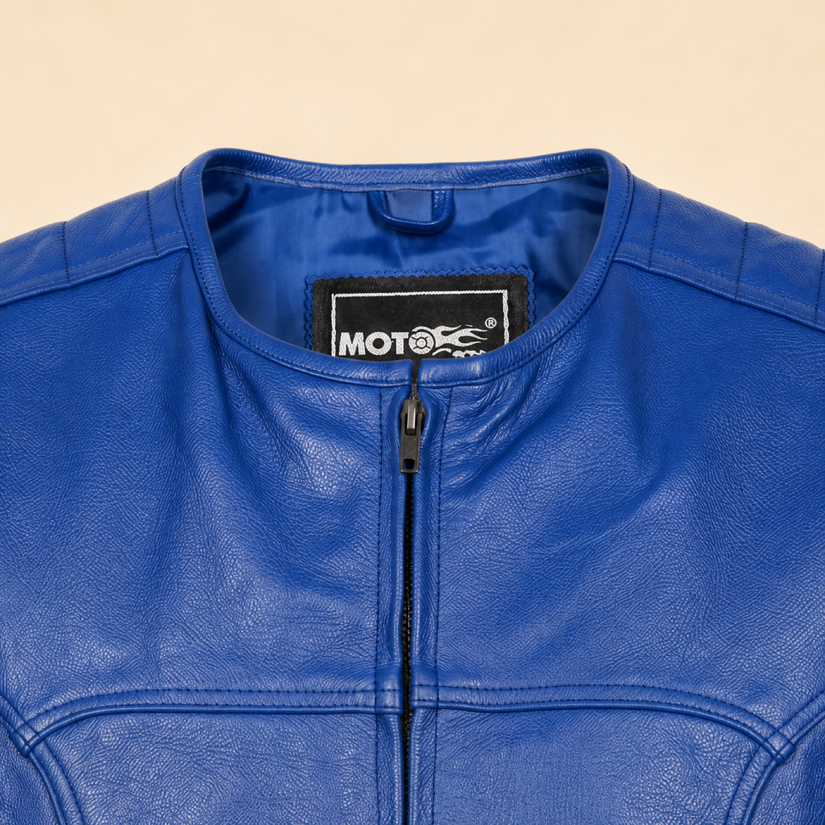 Men's Blue SWAT Cowhide Leather Motorcycle Vest - blue swat leather vest collar detail view by MOTOGRIP GEAR