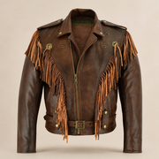 Men's Brown Western Fringe Sheepskin Leather Jacket - brown western fringe sheepskin leather jacket extra angle 1 view by MOT