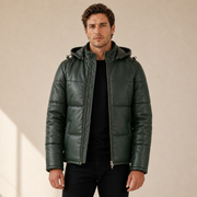 Men's Semi-Aniline Sheepskin Leather Hooded Puffer Jacket - color green view by MOTOGRIP GEAR