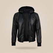 Men's Black Leather Varsity Jacket With Hood - extra angle 1 view by MOTOGRIP GEAR